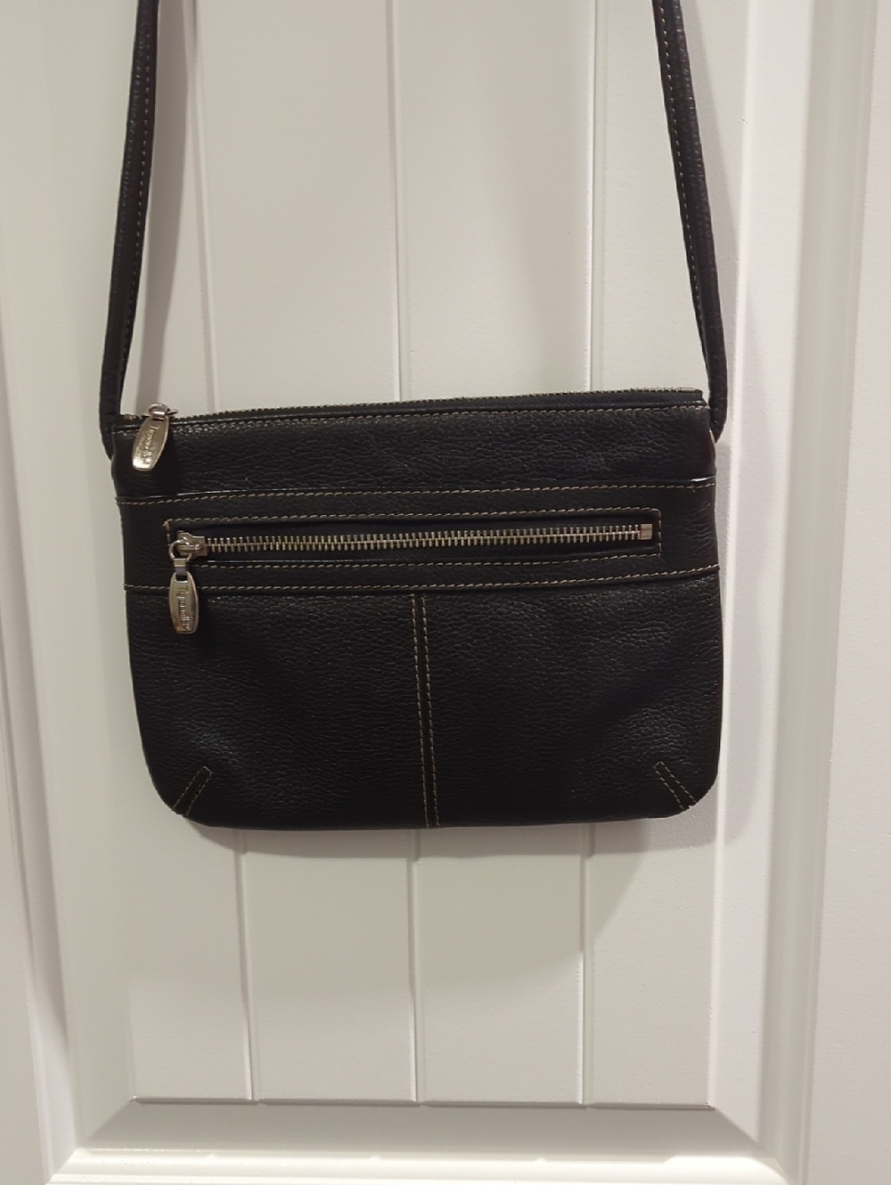 Tignanello Black Leather Crossbody with Contrast Stitching